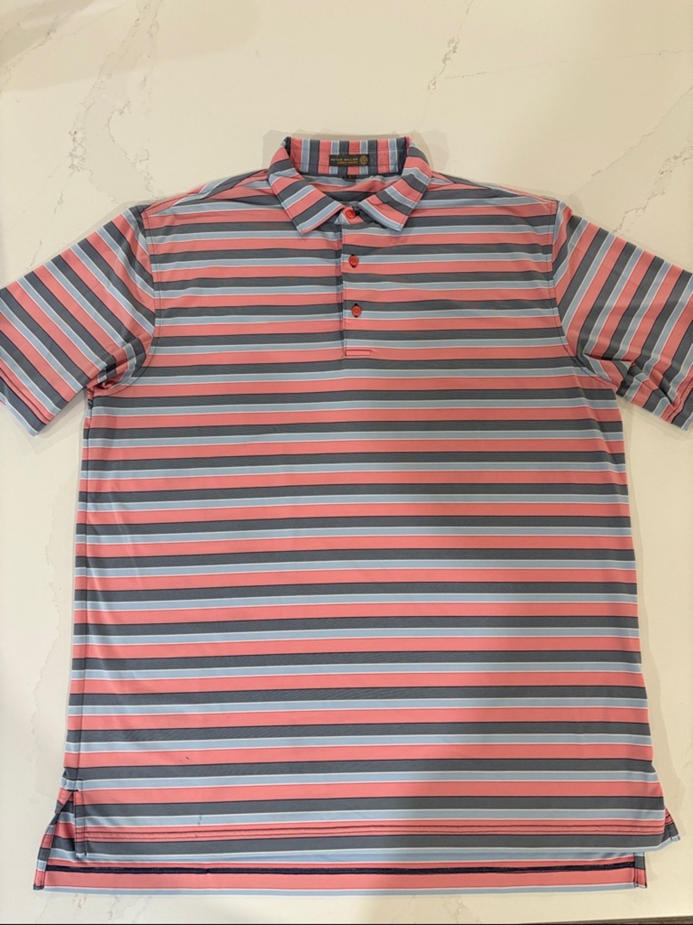Peter Millar Golf Coral and Blue Striped Polo Size Large